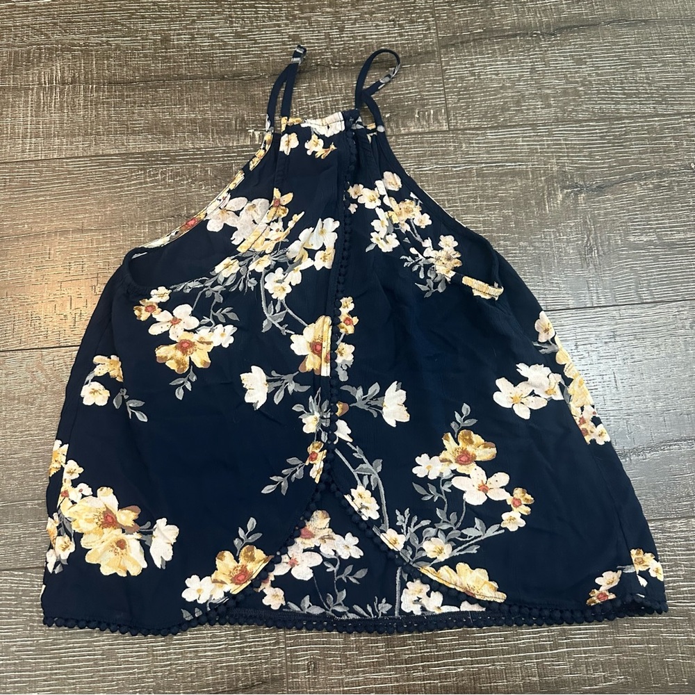 American Eagle Navy Floral Halter Top with Pom-Pom Hem